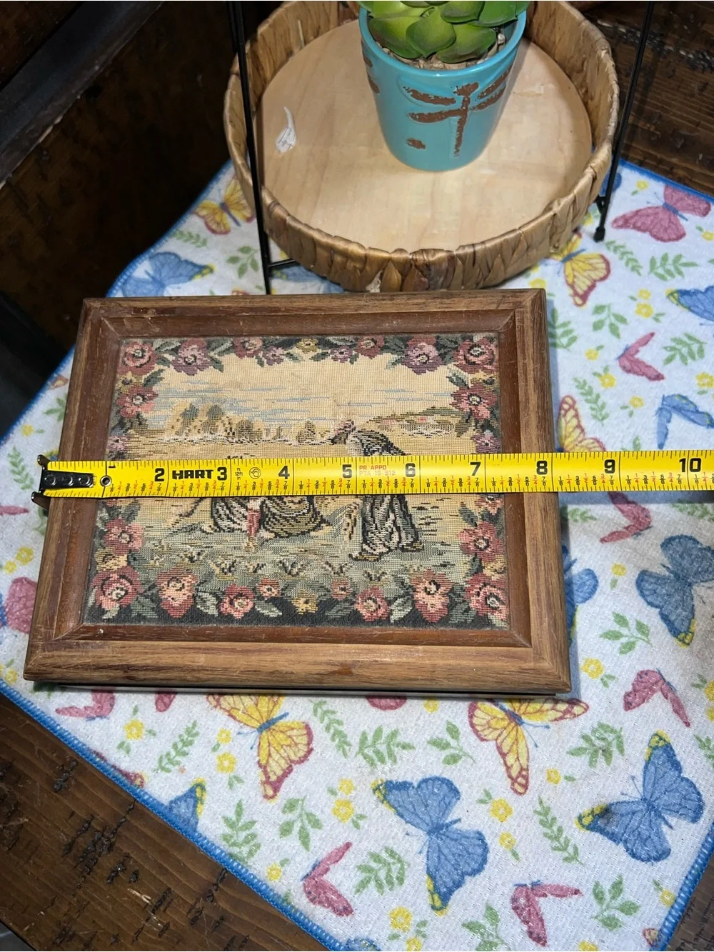 Vintage Wooden Jewelry Box Tapestry Top Yellow Velvet Lining Tray Needlepoint